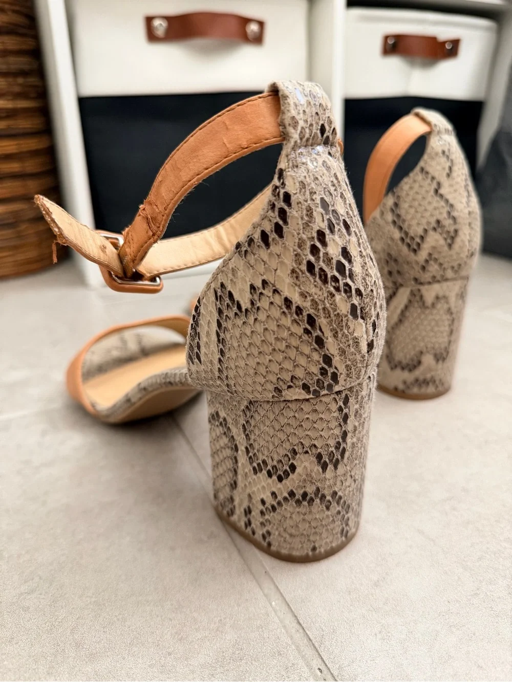 Tan Leather & Snake-Print Block Heel Sandals